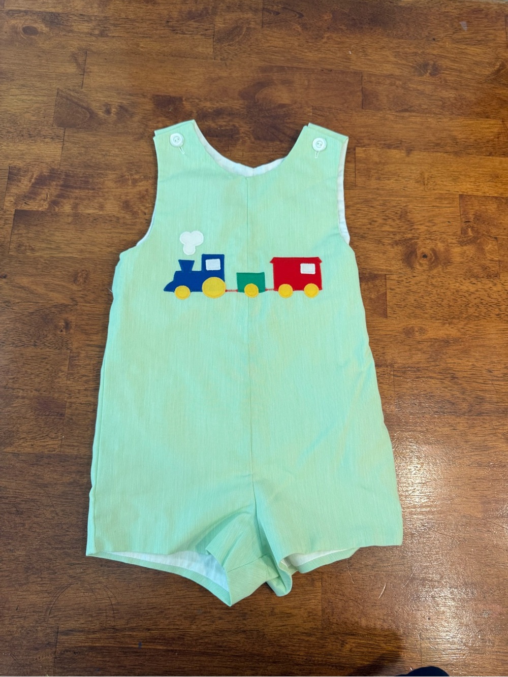 VTG Kelly's Kids Baby Boy Mint Green Train Jon Jon Romper Shortall Size 6